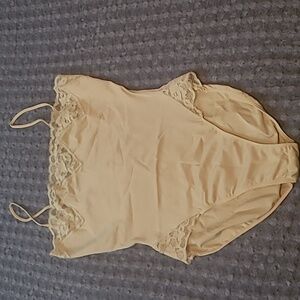 Vintage Danskin Beige Bodysuit With Lace Accents, Snaps On The Bottom